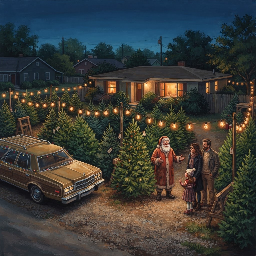 Illustration of a Christmas tree lot at dusk, with string lights, a wood-panel wagon, and fresh trees