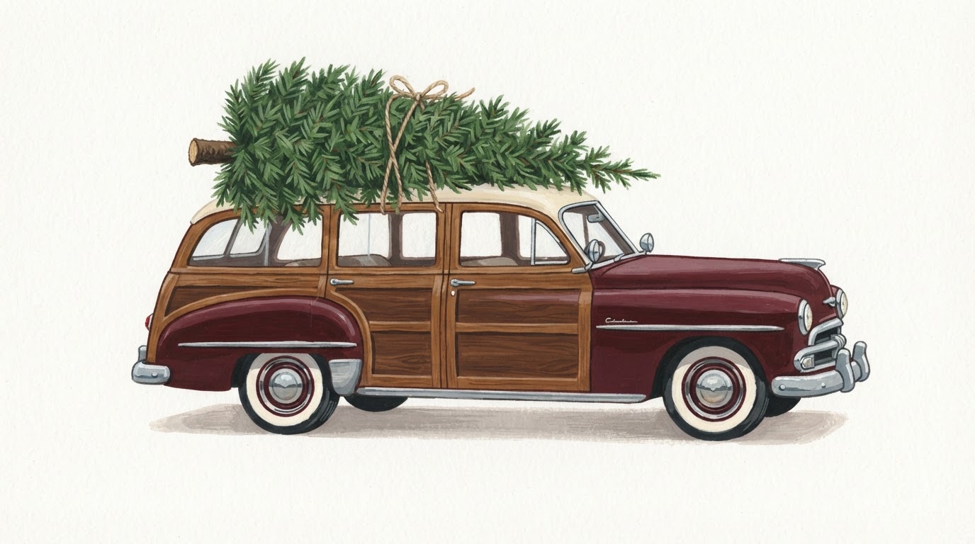 Illustration of a red wood-panel wagon carrying a fresh Christmas tree